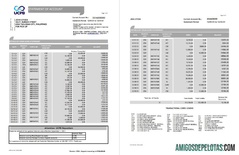 Philippines UCPB extrato bancário amostra